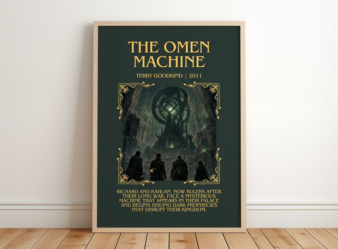 The Omen Machine Minimalist Book Poster by Terry Goodkind – framed print leaning on a wooden floor