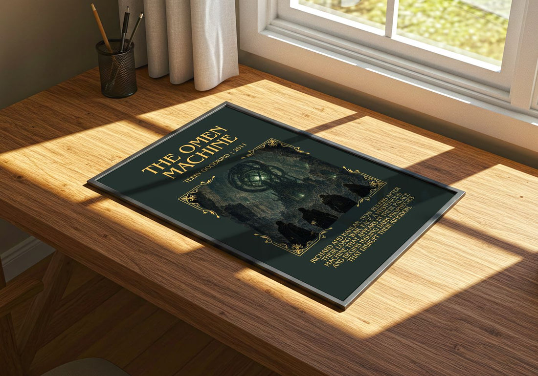 The Omen Machine Minimalist Book Poster by Terry Goodkind – print on a sunlit desk