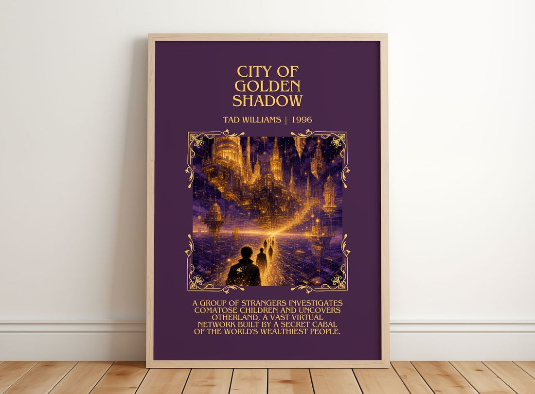 City of Golden Shadow Minimalist Book Poster by Tad Williams – framed print leaning on a wooden floor