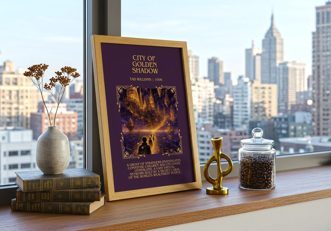 City of Golden Shadow Minimalist Book Poster by Tad Williams – framed print on a city-view windowsill