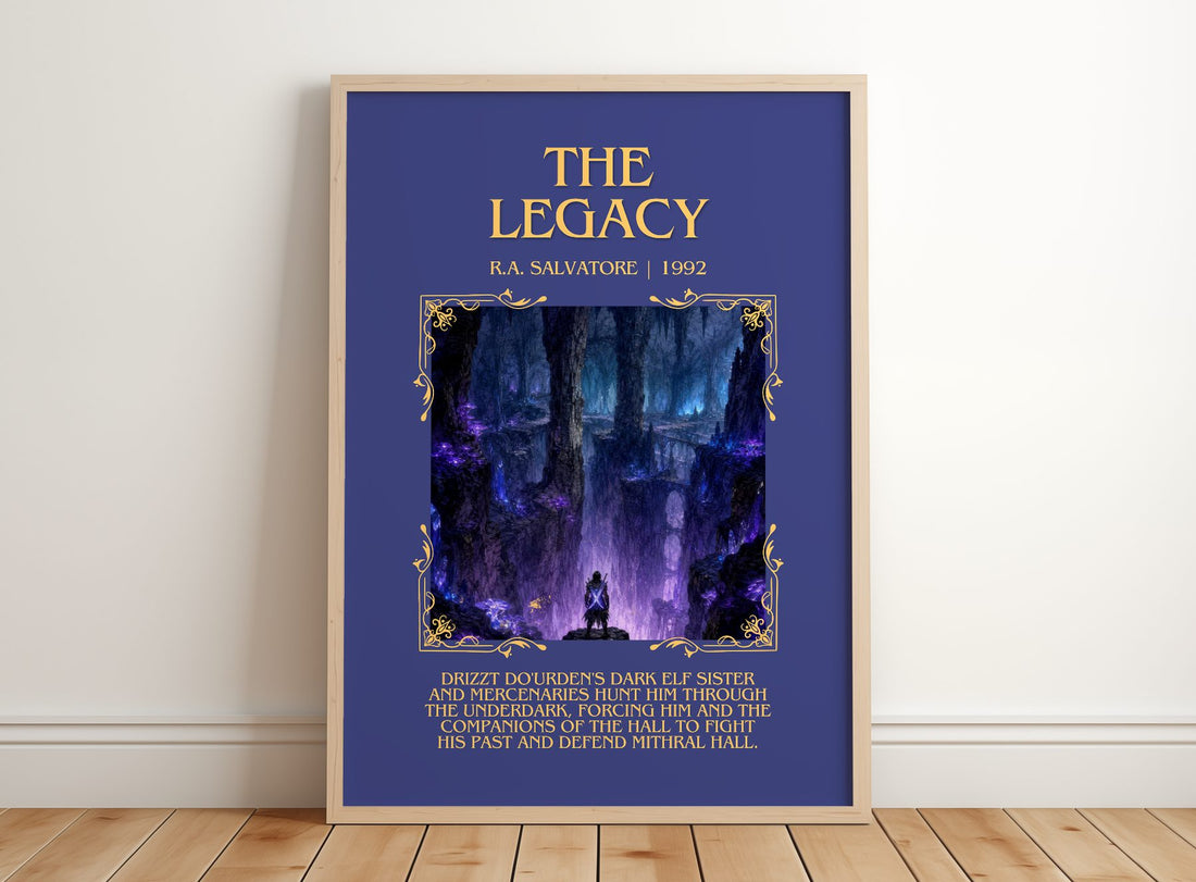 The Legacy Minimalist Book Poster by R.A. Salvatore – framed print leaning on a wooden floor