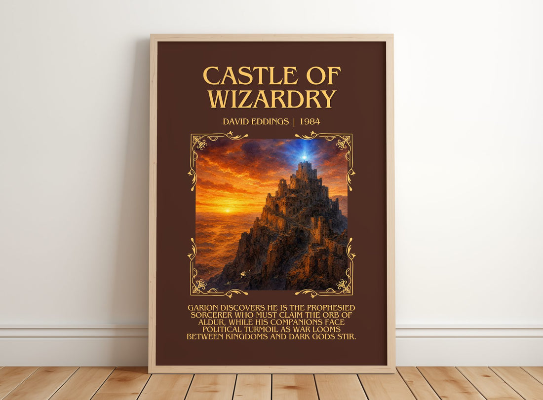 Castle of Wizardry Minimalist Book Poster by David Eddings – framed print leaning on a wooden floor