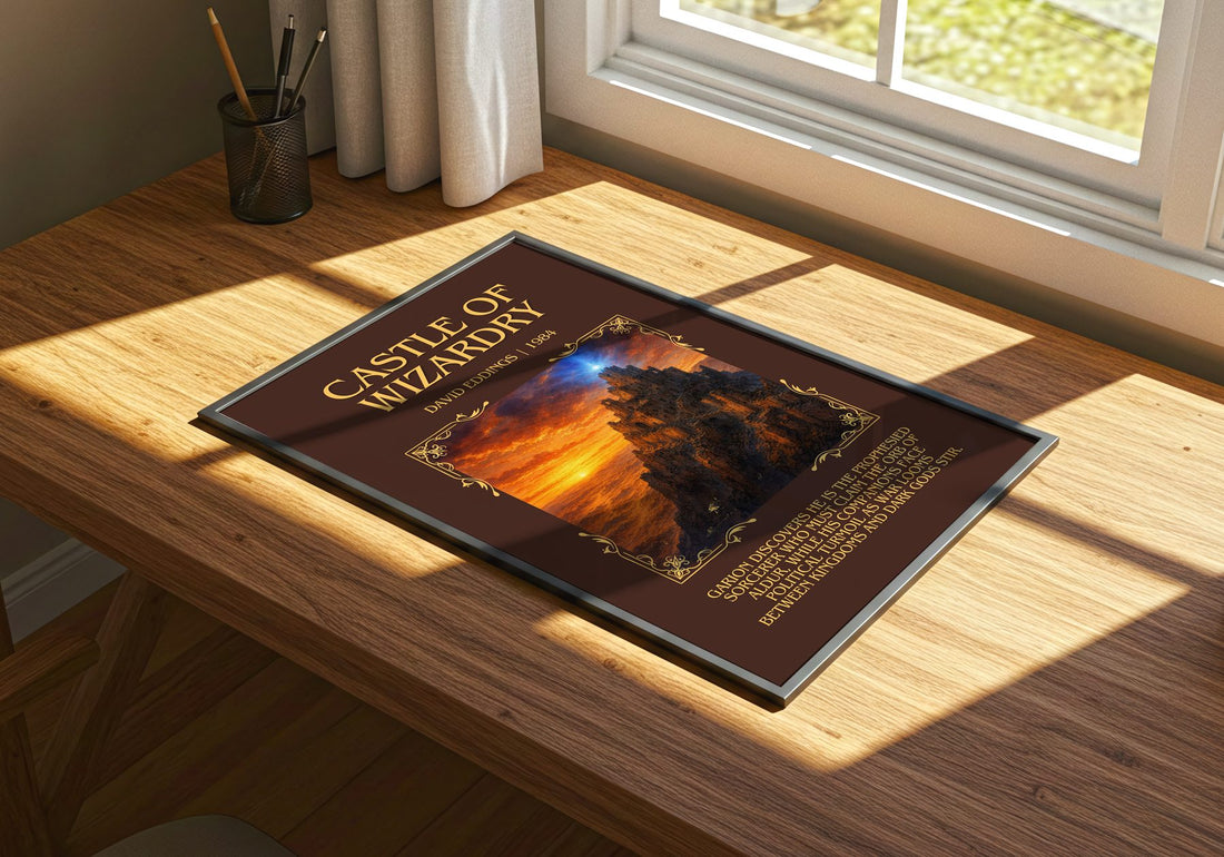 Castle of Wizardry Minimalist Book Poster by David Eddings – print on a sunlit desk