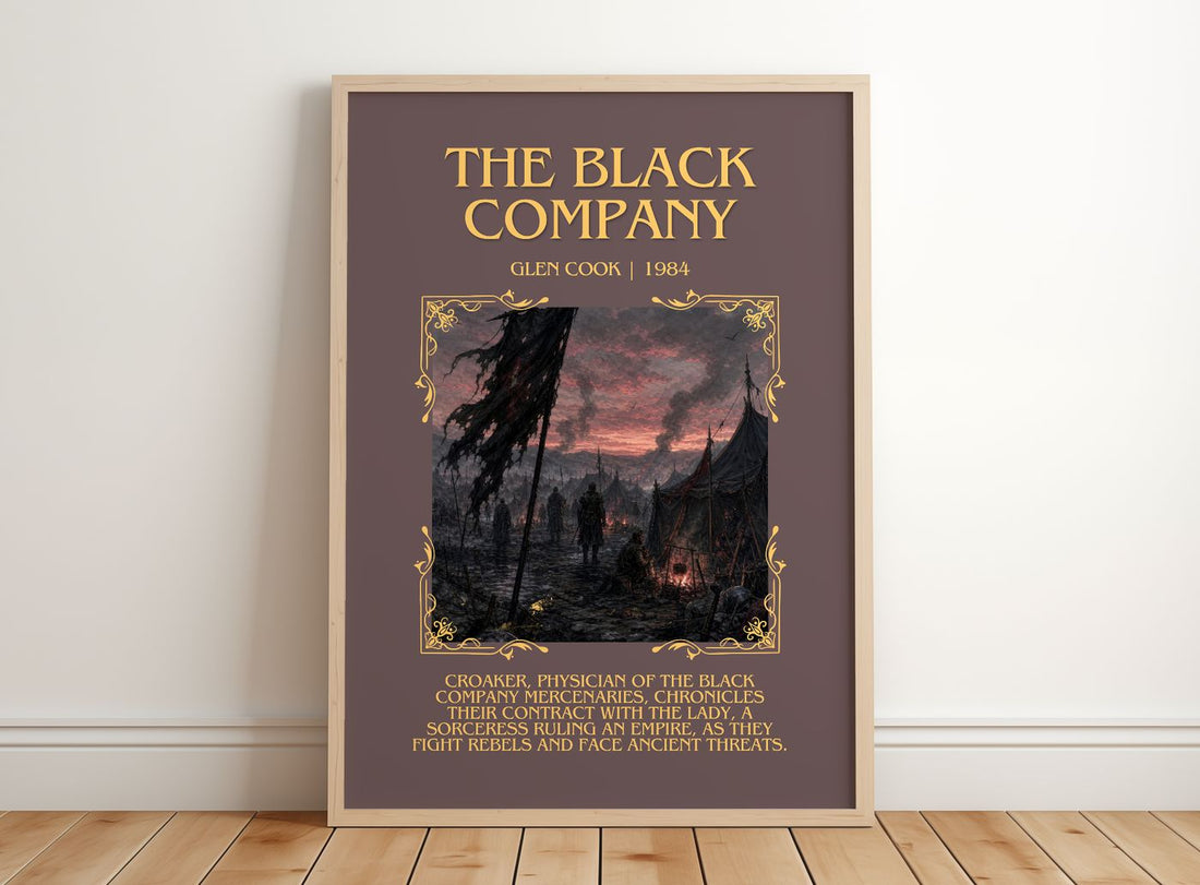 The Black Company Minimalist Book Poster by Glen Cook – framed print leaning on a wooden floor