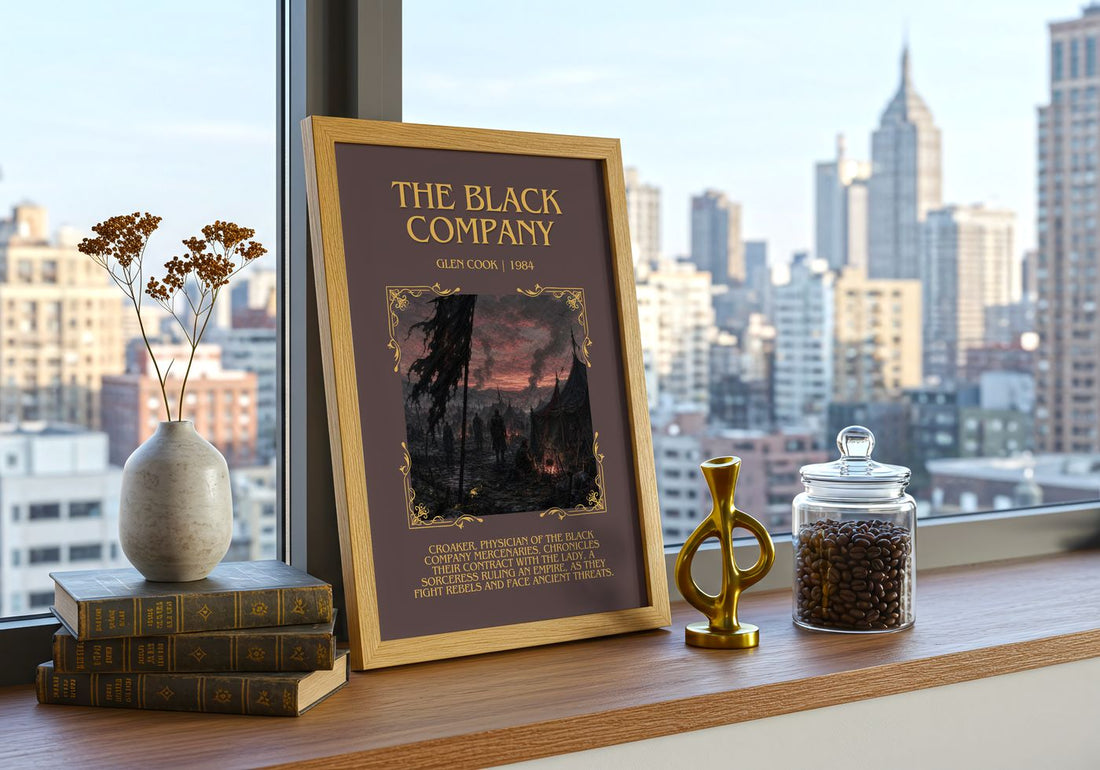 The Black Company Minimalist Book Poster by Glen Cook – framed print on a city-view windowsill