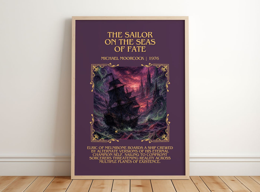 Sailor on the Seas of Fate Minimalist Book Poster by Michael Moorcock – framed print leaning on a wooden floor