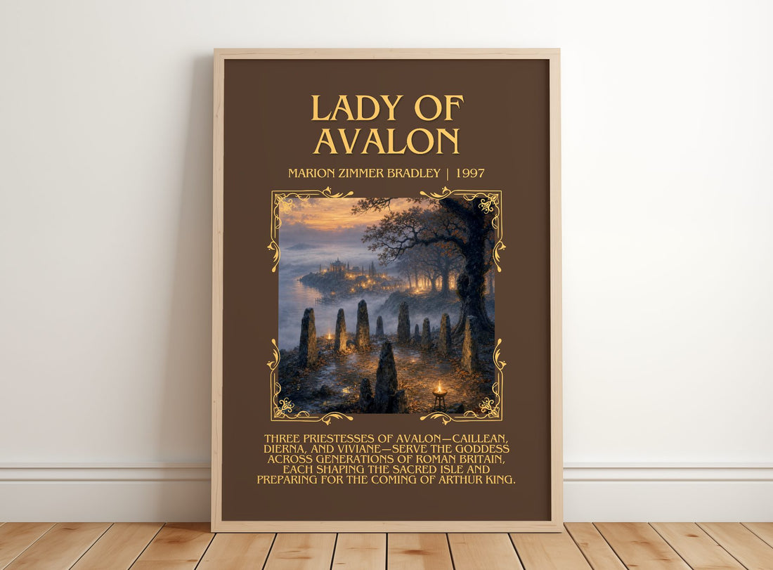 Lady of Avalon Minimalist Book Poster by Marion Zimmer Bradley – framed print leaning on a wooden floor