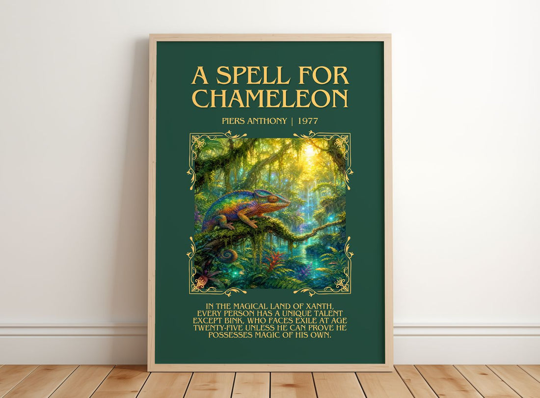 A Spell for Chameleon Minimalist Book Poster by Piers Anthony – framed print leaning on a wooden floor