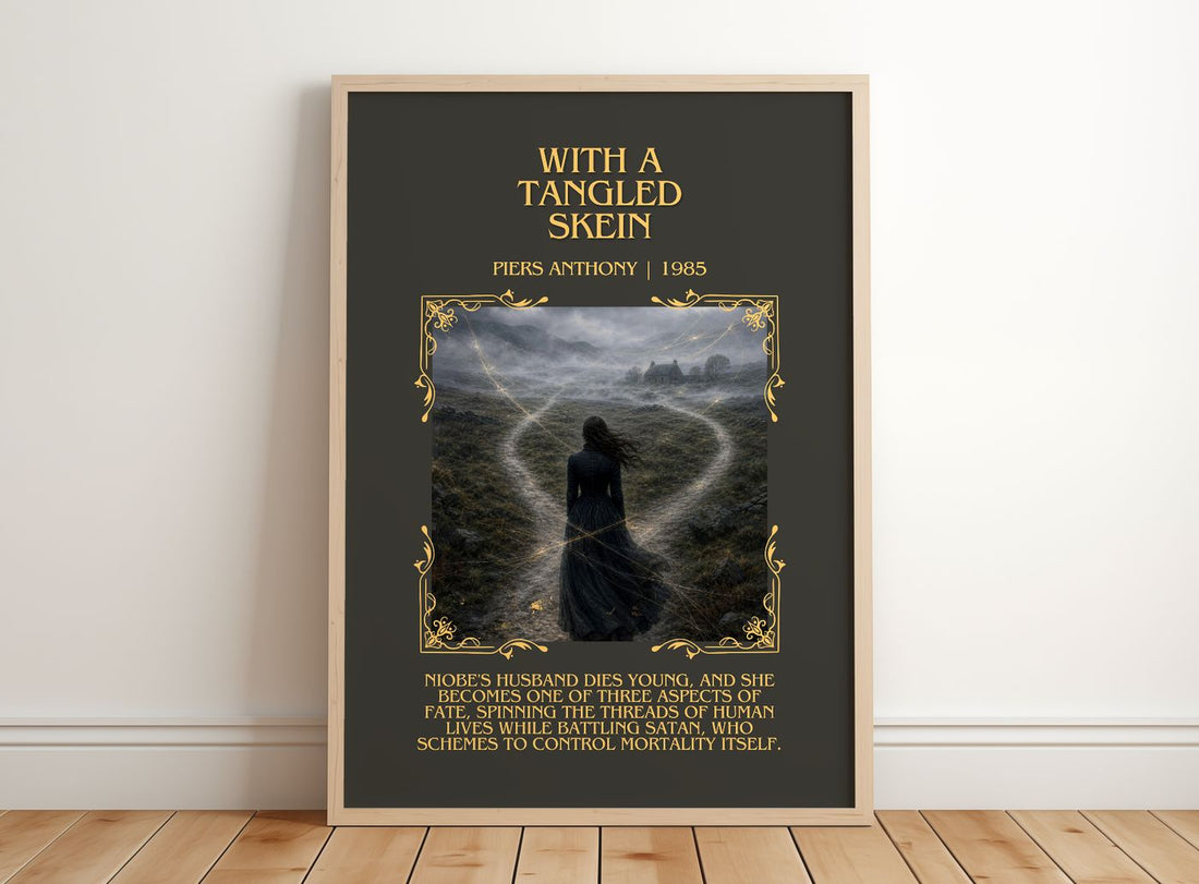 With a Tangled Skein Minimalist Book Poster by Piers Anthony – framed print leaning on a wooden floor