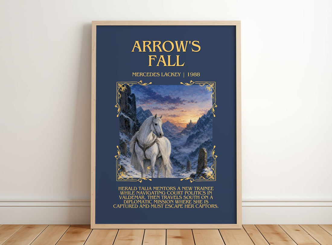 Arrow's Fall Minimalist Book Poster by Mercedes Lackey – framed print leaning on a wooden floor