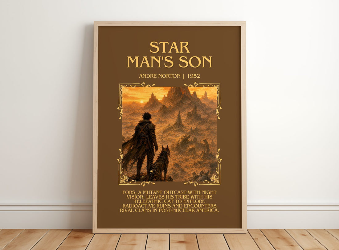 Star Man's Son Minimalist Book Poster by Andre Norton – framed print leaning on a wooden floor