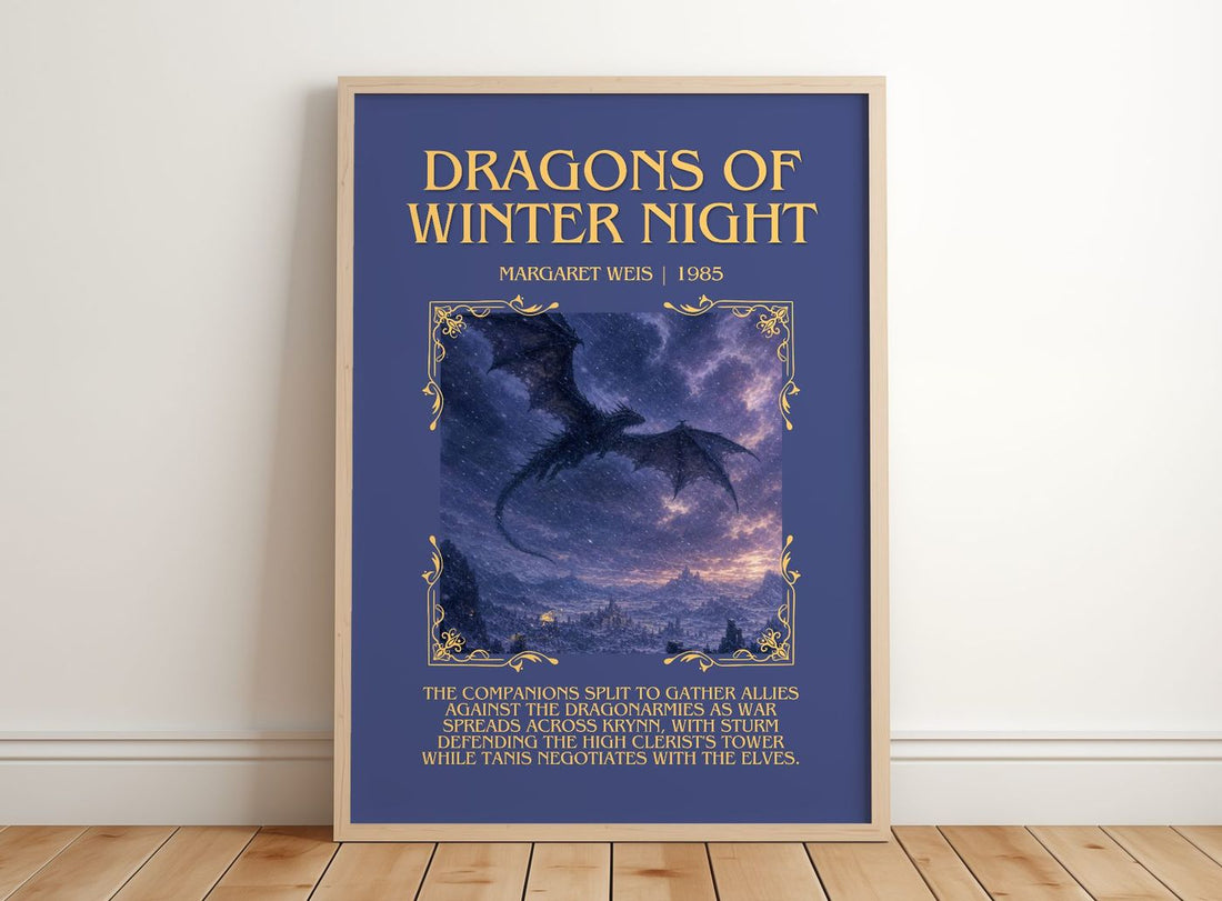 Dragons of Winter Night Minimalist Book Poster by Margaret Weis – framed print leaning on a wooden floor