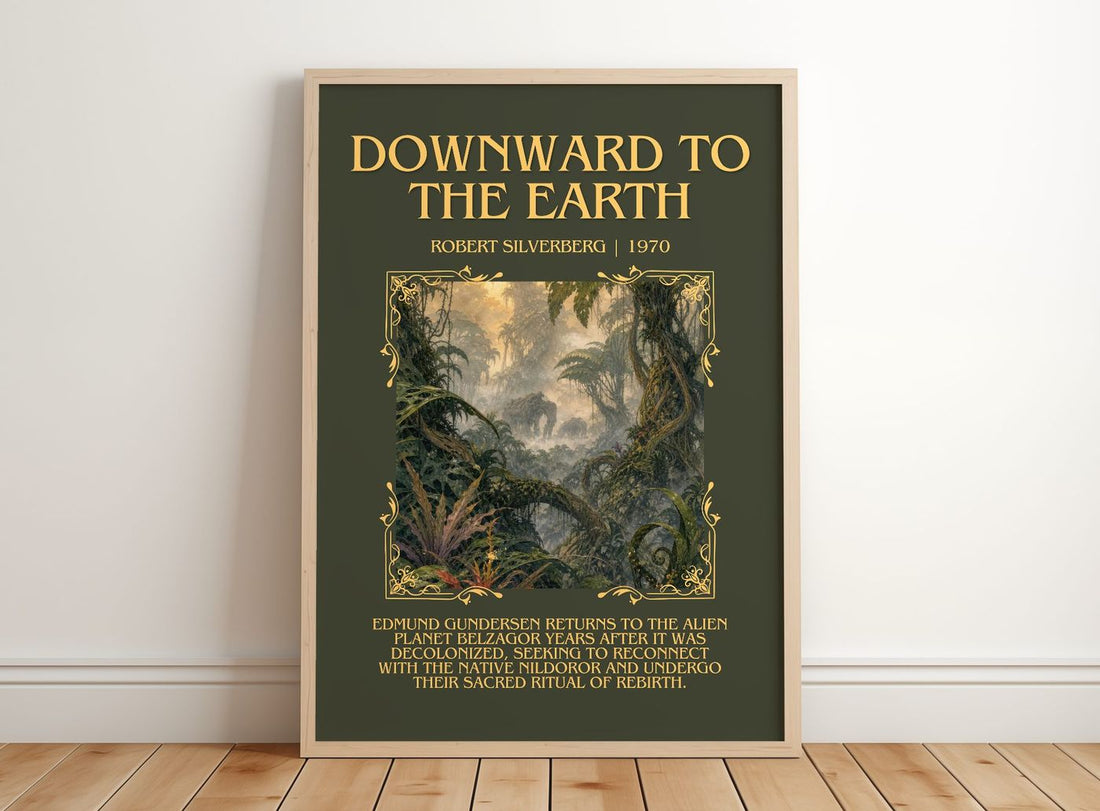 Downward to the Earth Minimalist Book Poster by Robert Silverberg – framed print leaning on a wooden floor
