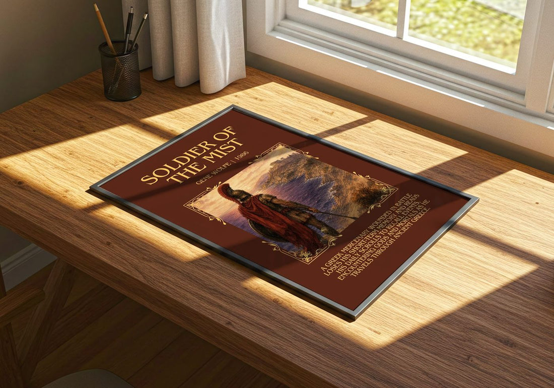 Soldier of the Mist Minimalist Book Poster by Gene Wolfe – print on a sunlit desk