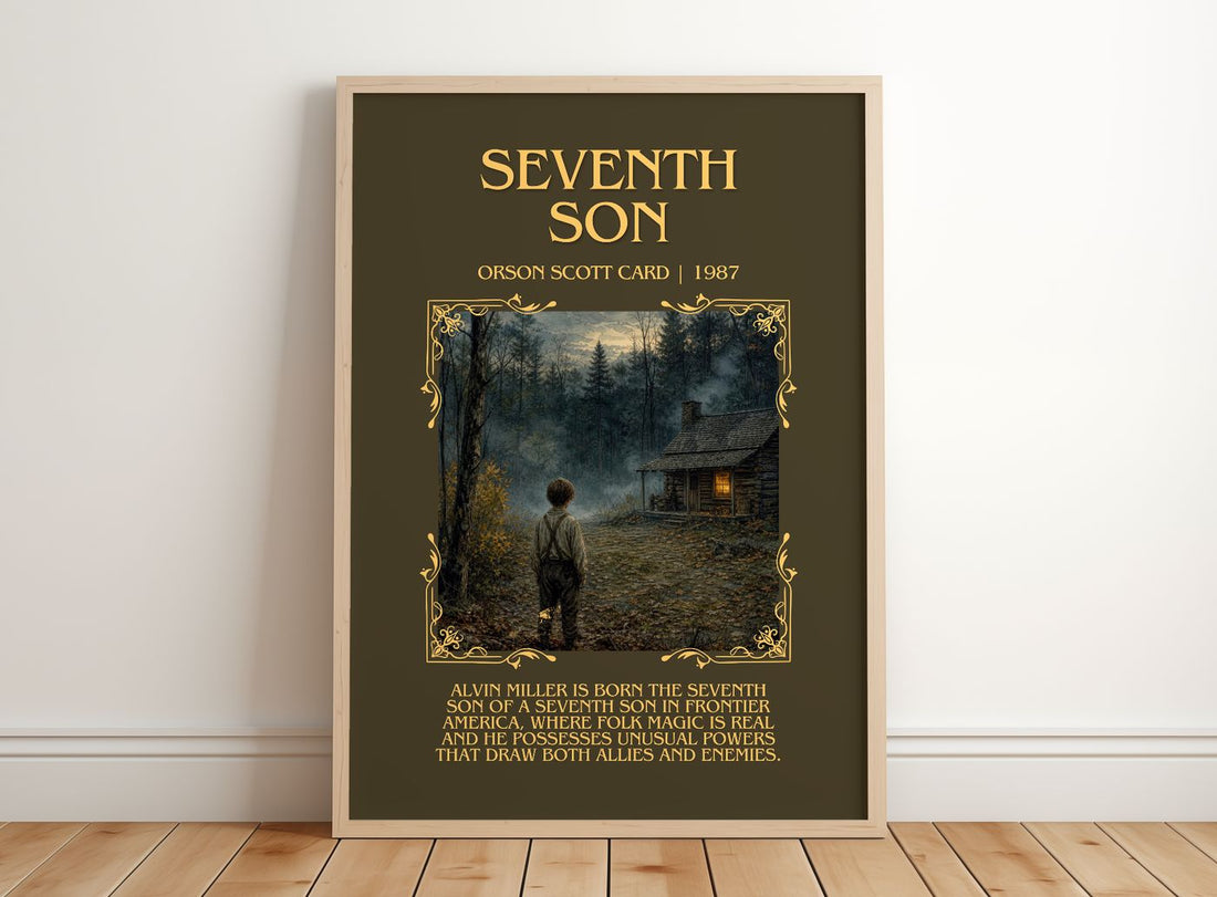 Seventh Son Minimalist Book Poster by Orson Scott Card – framed print leaning on a wooden floor