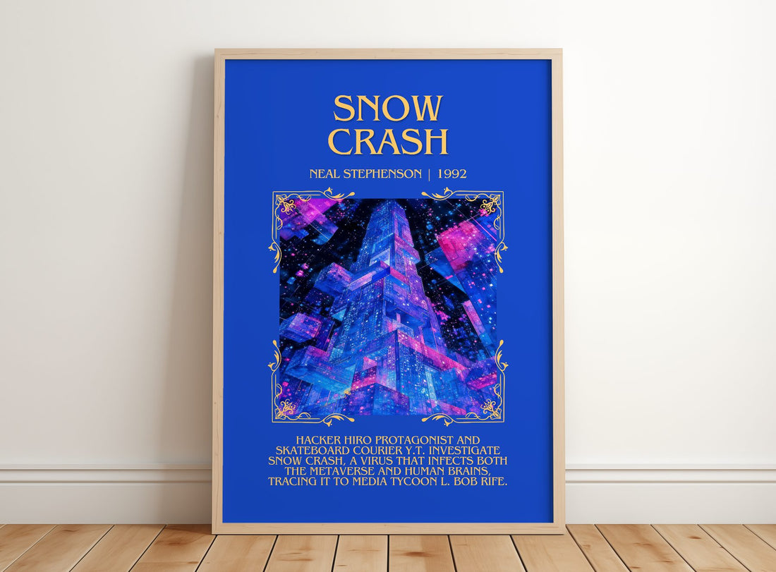 Snow Crash Minimalist Book Poster by Neal Stephenson – framed print leaning on a wooden floor