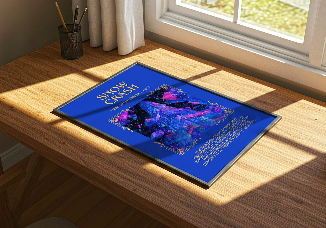 Snow Crash Minimalist Book Poster by Neal Stephenson – print on a sunlit desk