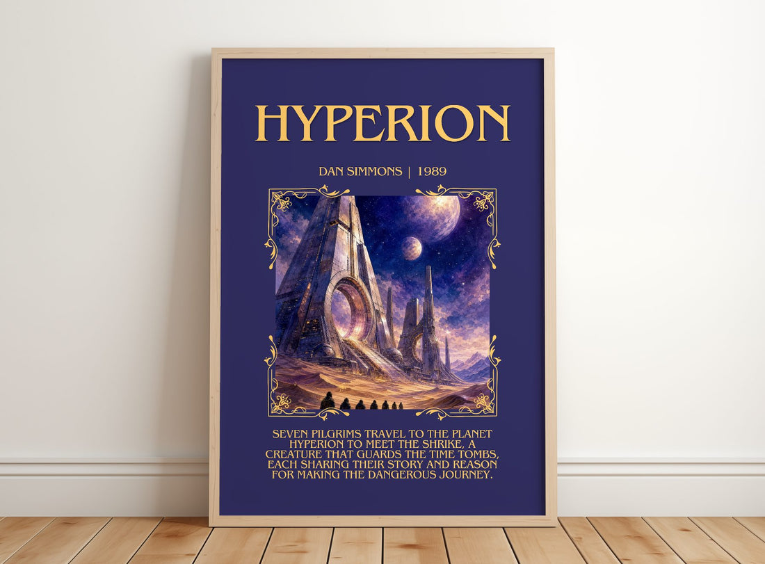 Hyperion Minimalist Book Poster by Dan Simmons – framed print leaning on a wooden floor