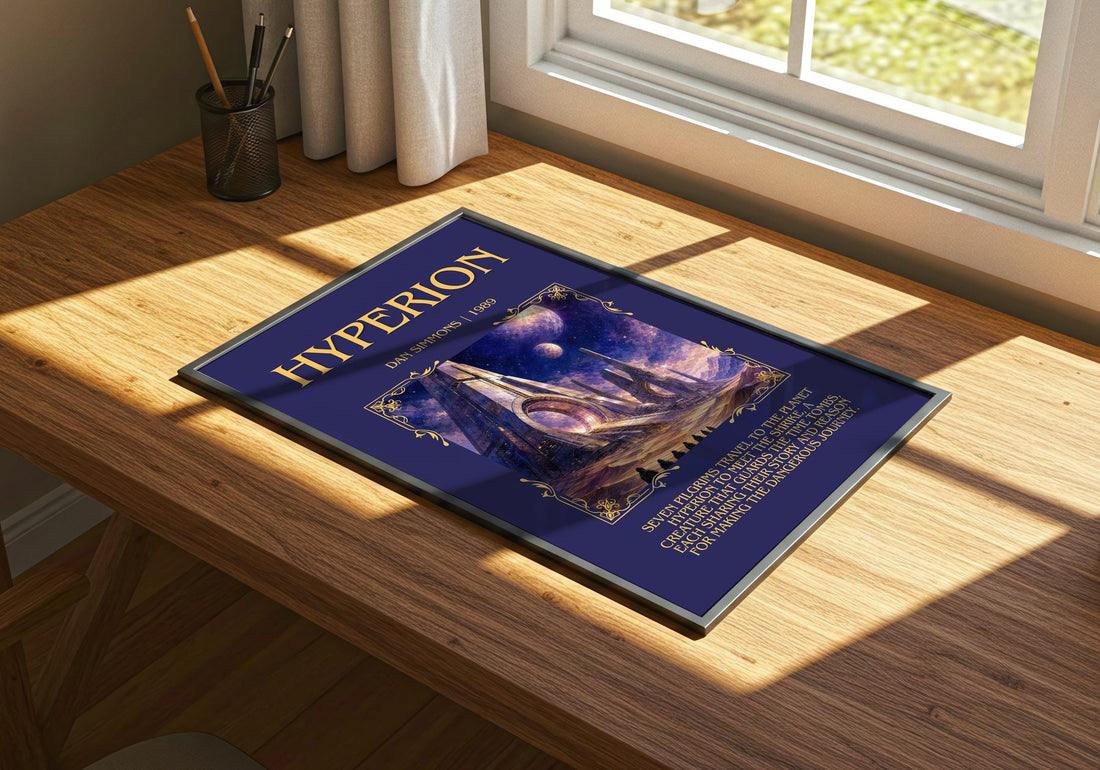 Hyperion Minimalist Book Poster by Dan Simmons – print on a sunlit desk