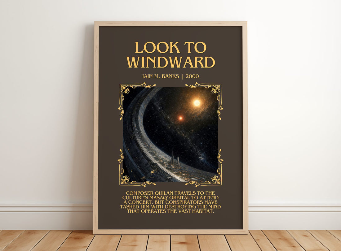 Look to Windward Minimalist Book Poster by Iain M. Banks – framed print leaning on a wooden floor