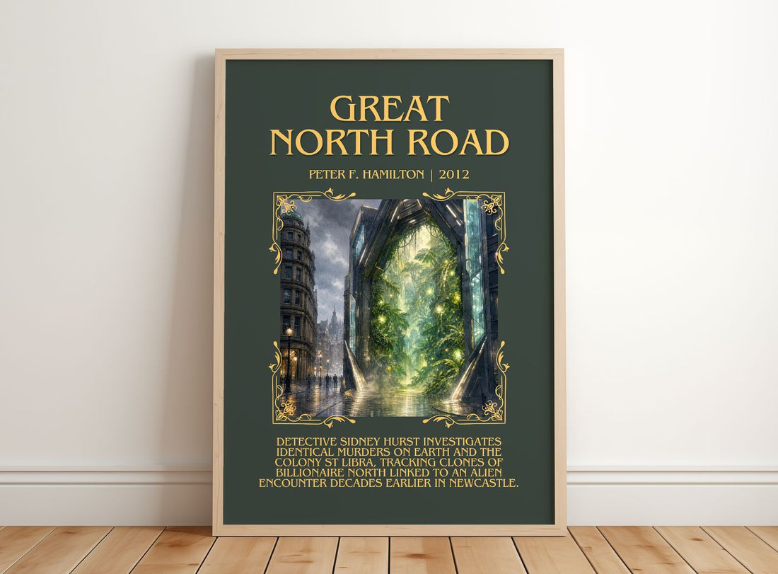 Great North Road Minimalist Book Poster by Peter F. Hamilton – framed print leaning on a wooden floor