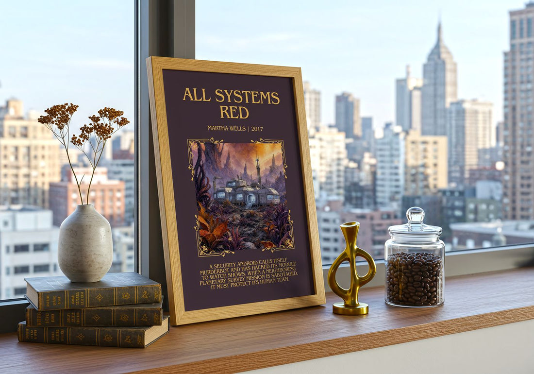 All Systems Red Minimalist Book Poster by Martha Wells – framed print on a city-view windowsill