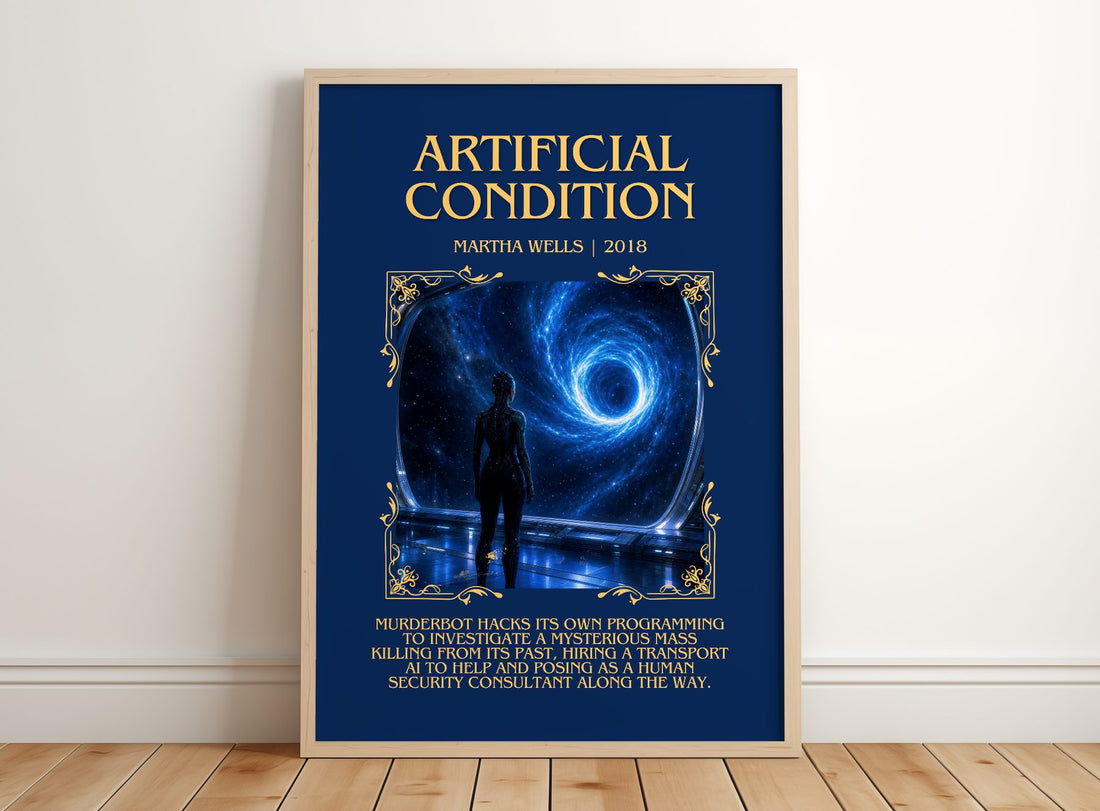 Artificial Condition Minimalist Book Poster by Martha Wells – framed print leaning on a wooden floor
