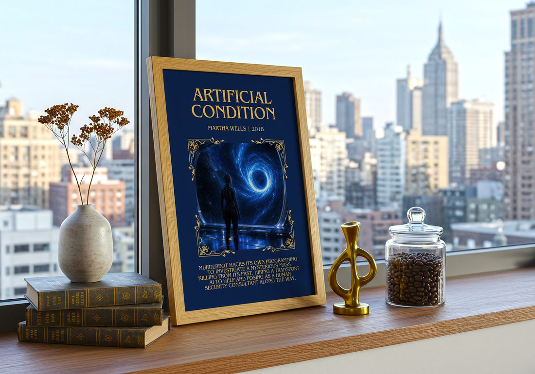 Artificial Condition Minimalist Book Poster by Martha Wells – framed print on a city-view windowsill