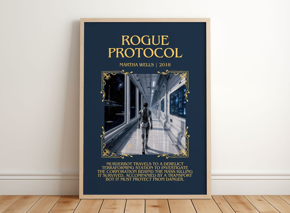 Rogue Protocol Minimalist Book Poster by Martha Wells – framed print leaning on a wooden floor