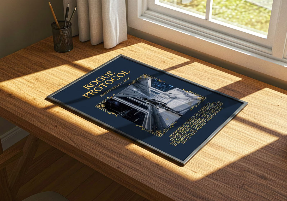 Rogue Protocol Minimalist Book Poster by Martha Wells – print on a sunlit desk