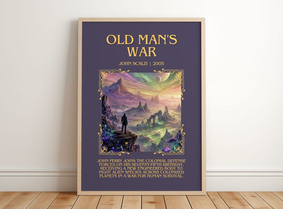 Old Man's War Minimalist Book Poster by John Scalzi – framed print leaning on a wooden floor