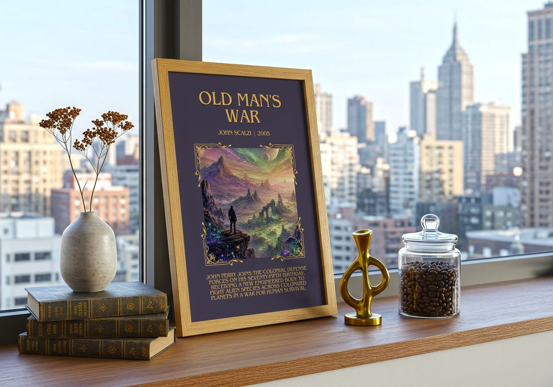 Old Man's War Minimalist Book Poster by John Scalzi – framed print on a city-view windowsill