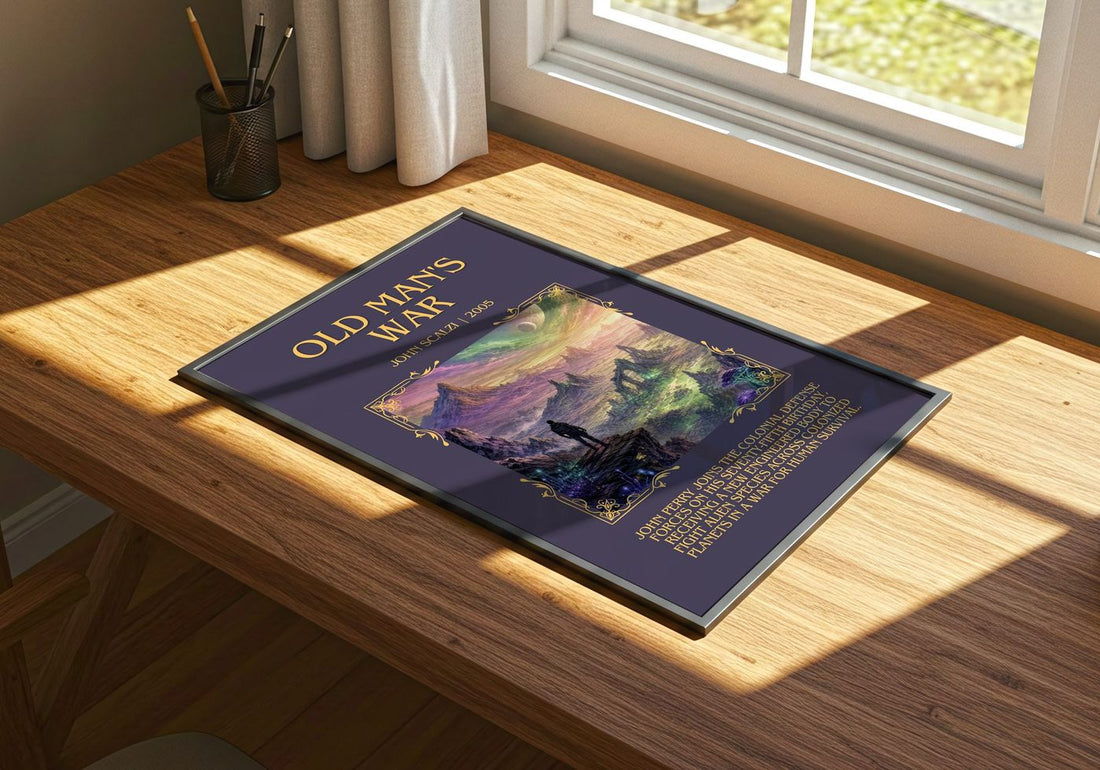 Old Man's War Minimalist Book Poster by John Scalzi – print on a sunlit desk