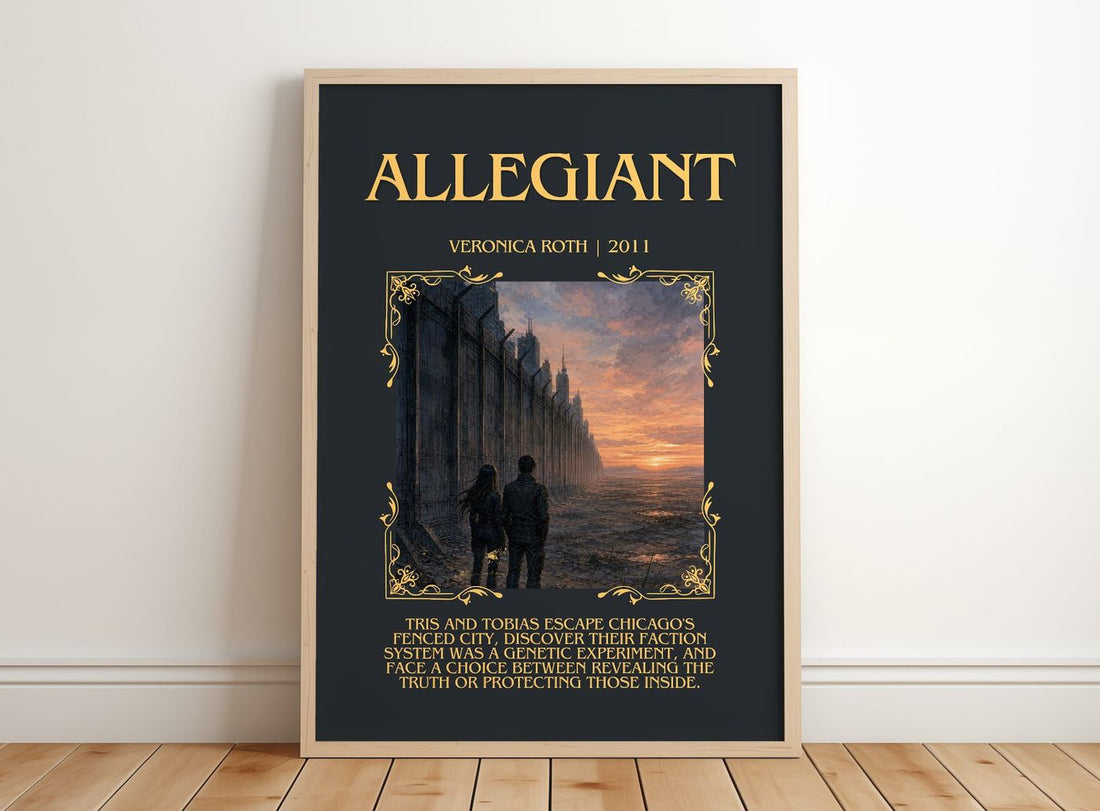 Allegiant Minimalist Book Poster by Veronica Roth – framed print leaning on a wooden floor