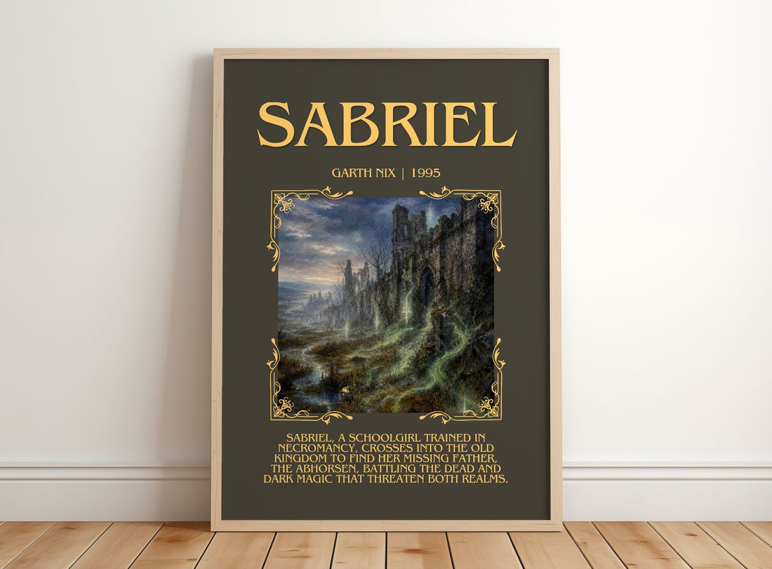 Sabriel Minimalist Book Poster by Garth Nix – framed print leaning on a wooden floor