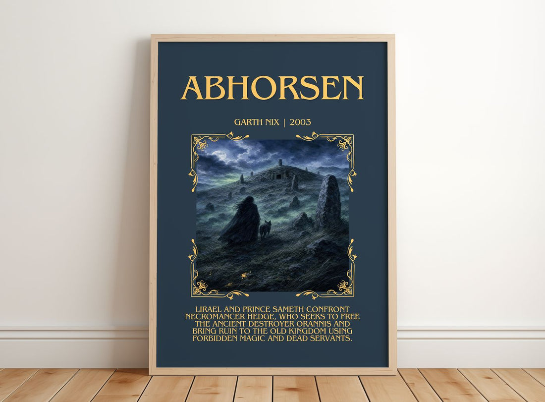 Abhorsen Minimalist Book Poster by Garth Nix – framed print leaning on a wooden floor