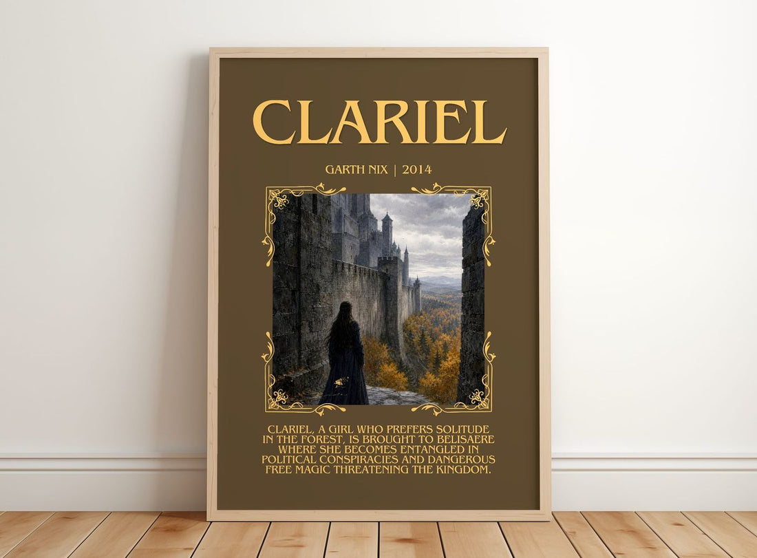 Clariel Minimalist Book Poster by Garth Nix – framed print leaning on a wooden floor