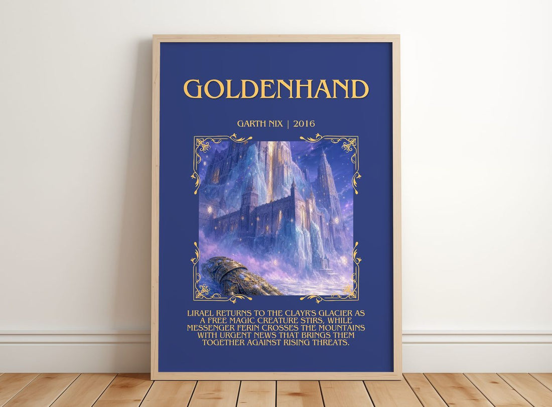 Goldenhand Minimalist Book Poster by Garth Nix – framed print leaning on a wooden floor