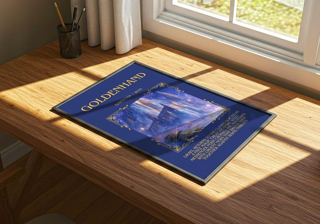 Goldenhand Minimalist Book Poster by Garth Nix – print on a sunlit desk