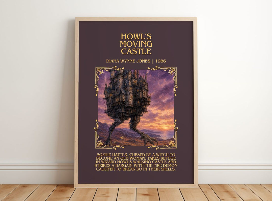 Howl's Moving Castle Minimalist Book Poster by Diana Wynne Jones – framed print leaning on a wooden floor