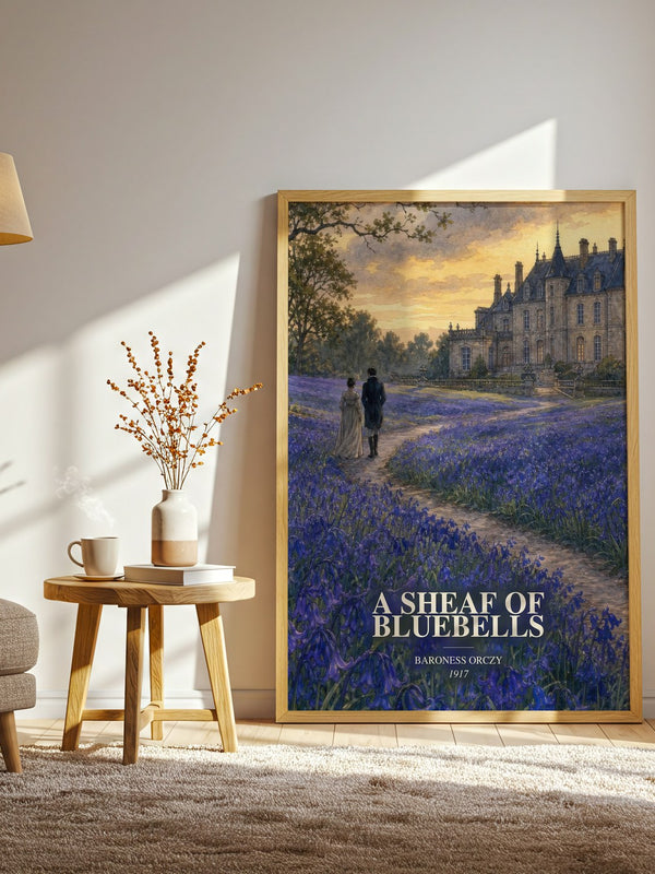 A Sheaf Of Bluebells watercolour print in frame leaning in hallway – historical fiction wall art