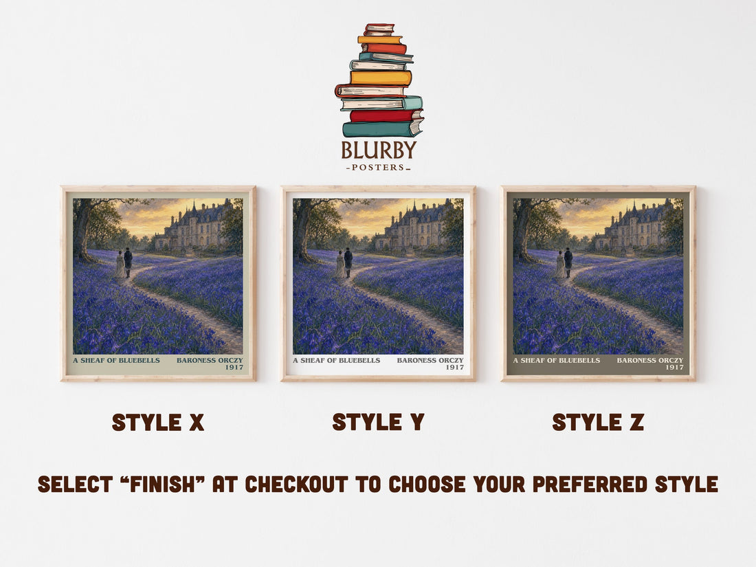 A Sheaf Of Bluebells literary print in frame leaning in hallway – historical fiction wall art (mockup)
