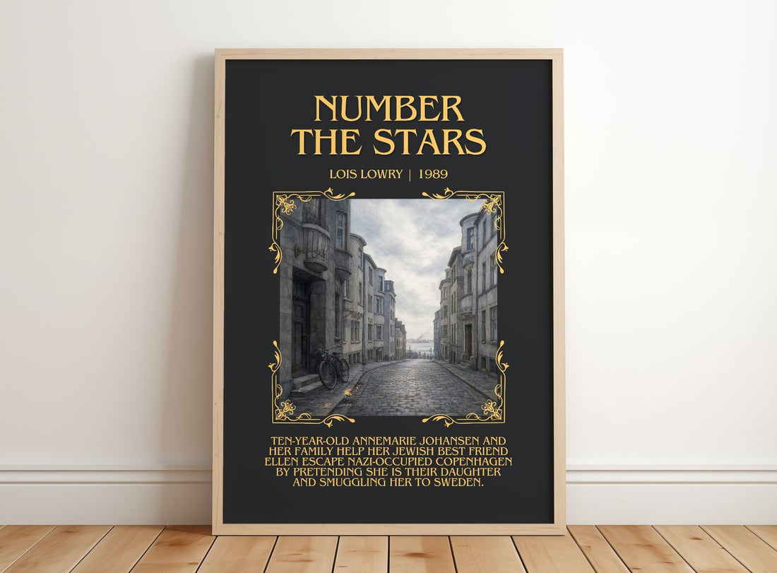 Number the Stars Minimalist Book Poster by Lois Lowry – framed print leaning on a wooden floor