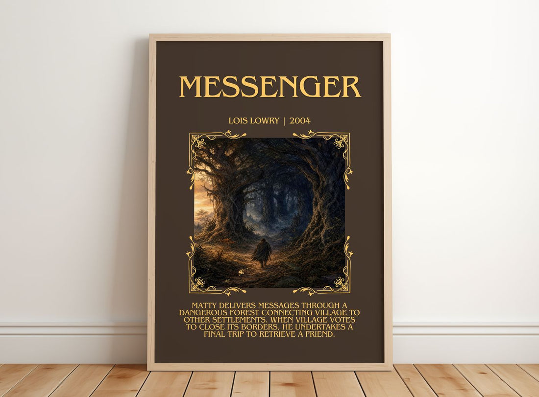 Messenger Minimalist Book Poster by Lois Lowry – framed print leaning on a wooden floor