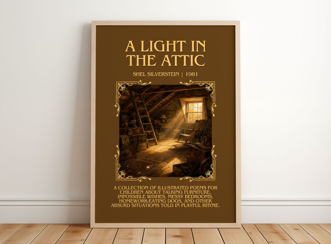A Light in the Attic Minimalist Book Poster by Shel Silverstein – framed print leaning on a wooden floor