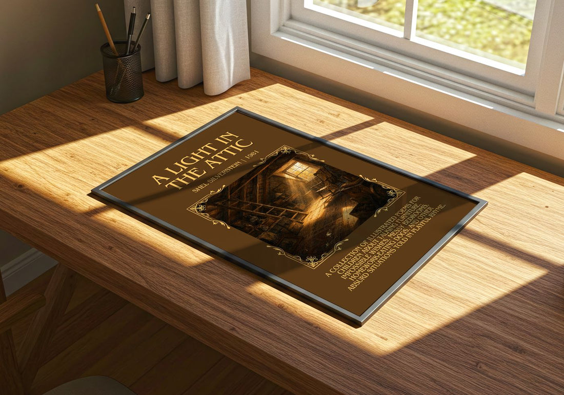 A Light in the Attic Minimalist Book Poster by Shel Silverstein – print on a sunlit desk