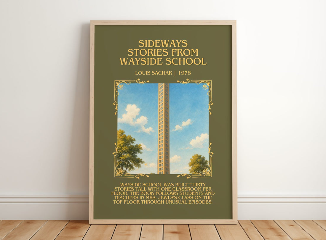 Sideways Stories from Wayside School Minimalist Book Poster – framed print leaning on a wooden floor