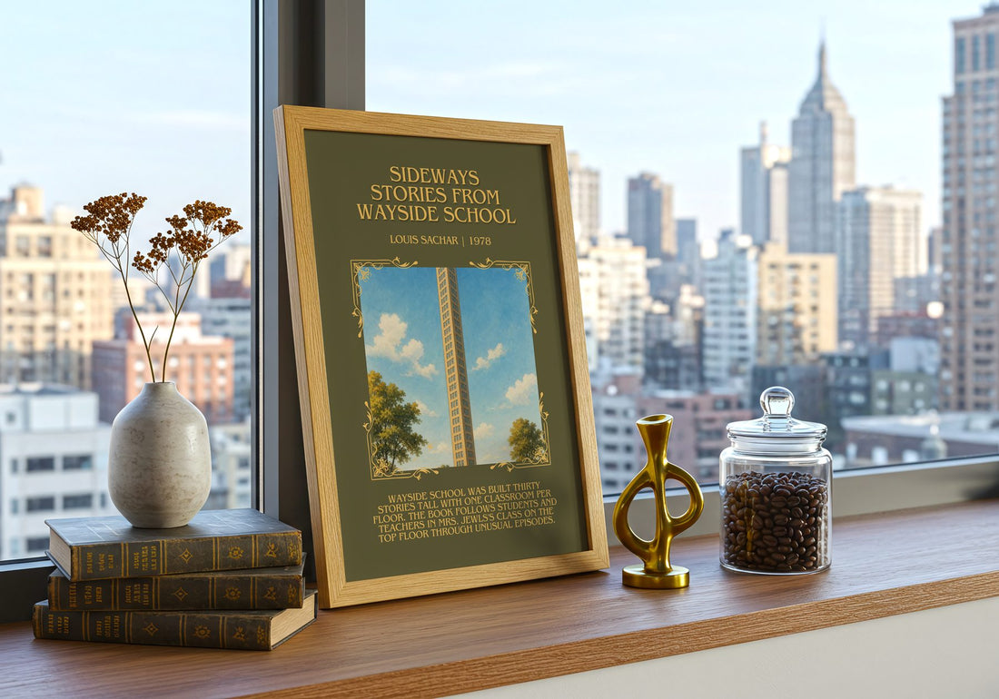 Sideways Stories from Wayside School Minimalist Book Poster – framed print on a city-view windowsill