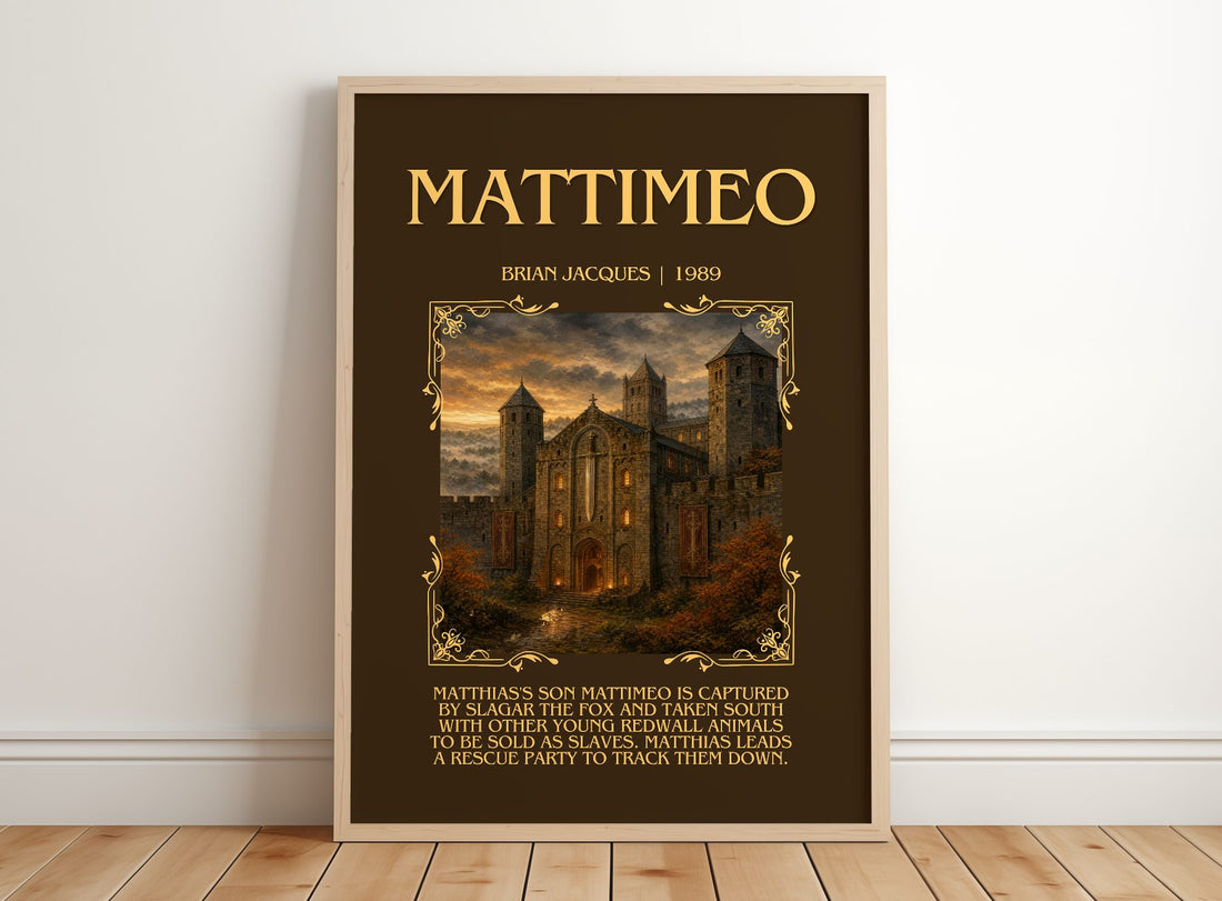 Mattimeo Minimalist Book Poster by Brian Jacques – framed print leaning on a wooden floor