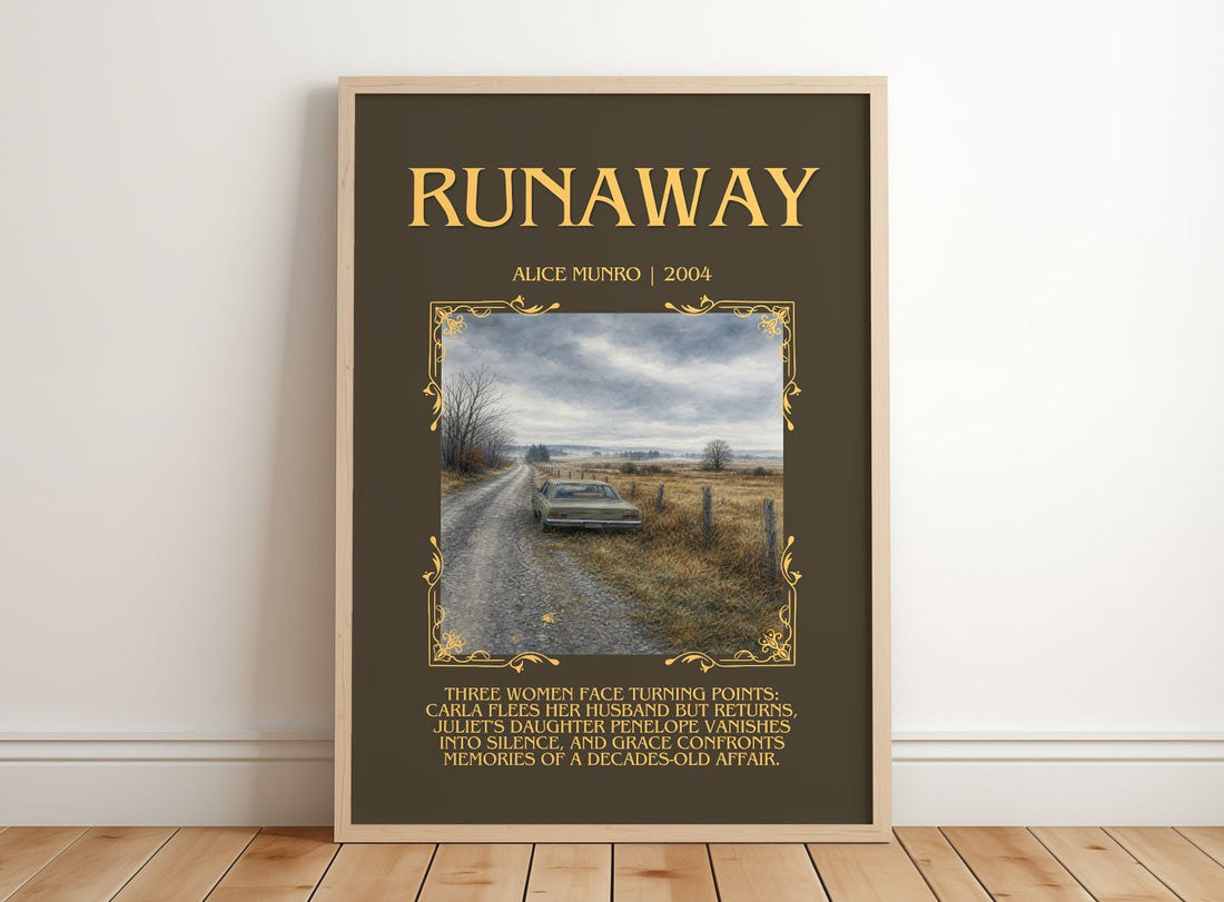 Runaway Minimalist Book Poster by Alice Munro – framed print leaning on a wooden floor